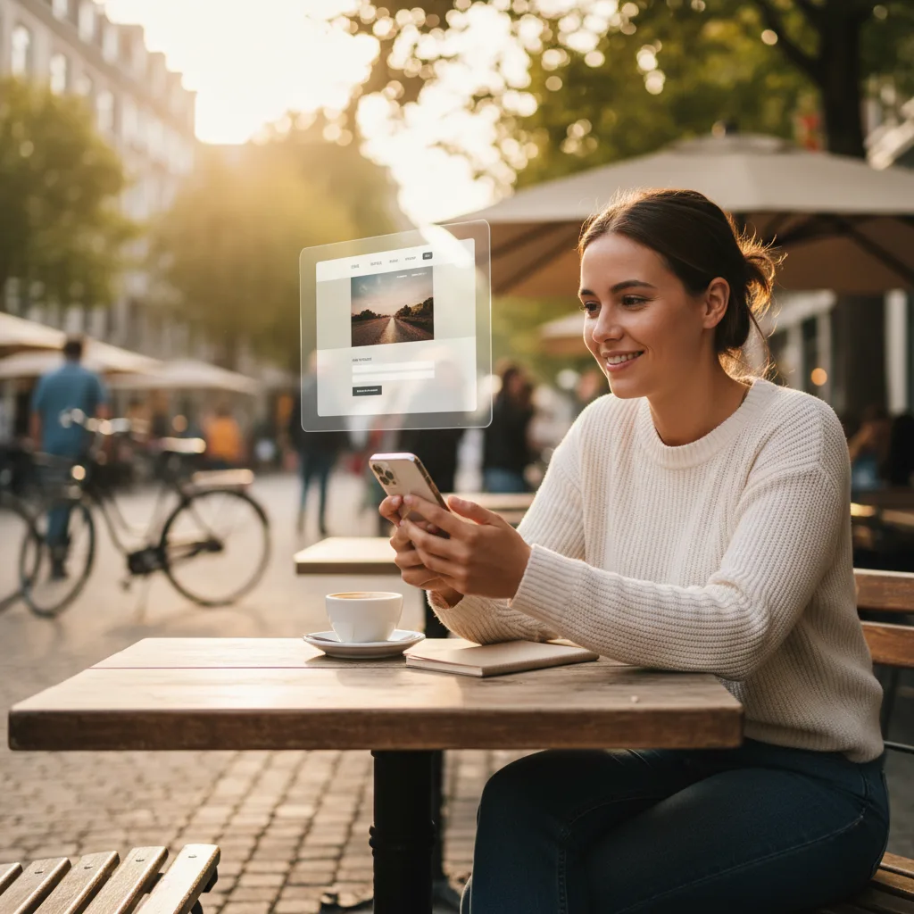 Woman at outdoor cafe viewing website on phone